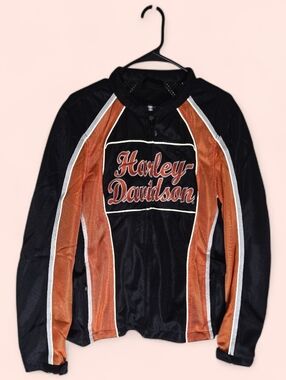 Harley-Davidson Black and Orange Mesh Paneled Riding Jacket W XL